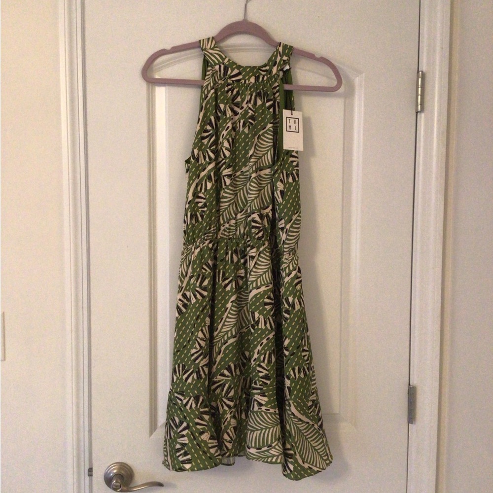 THML Green and White Leaf Print Midi Dress